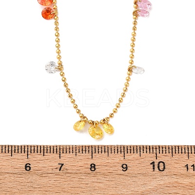 304 Stainless Steel Ball Chain Colorful Cubic Zirconia Flat Round Tassel Necklaces for Women NJEW-A051-03G-01-1