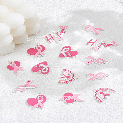 14Pcs 7 Styles Breast Cancer Pink Awareness Ribbon Theme Alloy Enamel Pendants ENAM-LP0002-39-1