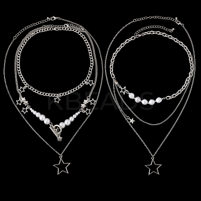 2 Sets 2 Styles Zinc Alloy Star Pendant Layered Necklaces for Women NJEW-SC0001-52-1