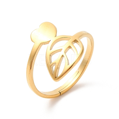 Ion Plating(IP) 304 Stainless Steel Heart & Leaf Adjustable Ring for Women RJEW-K245-35G-1