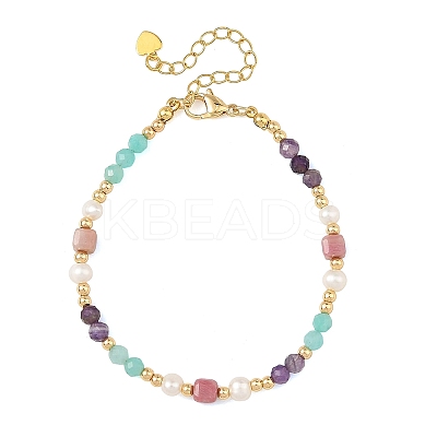 Natural Mixed Gemstone Faceted Round and Cube Beaded Bracelets with Natural Pearl & Brass End Chains BJEW-JB14336-01-1