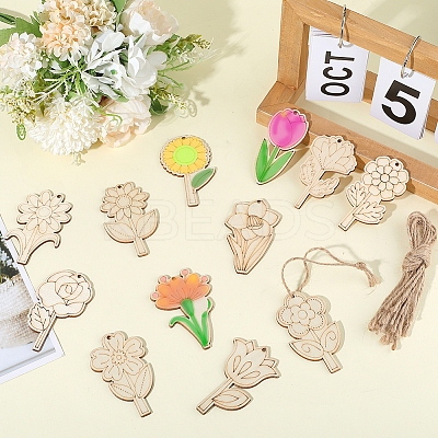 1Set Flower Unfinished Blank Wooden Pendants Set for Painting Arts HJEW-SC0002-71-1