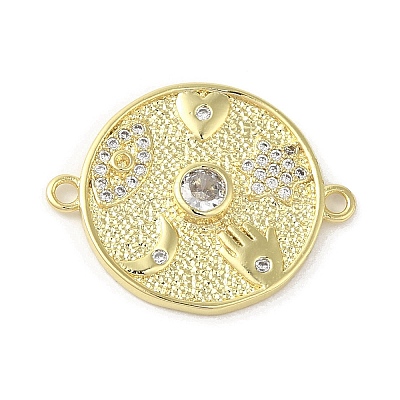 Rack Plating Brass Pave Clear Cubic Zirconia Flat Round Connector Charms KK-C052-43G-1