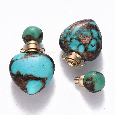 Heart Assembled Natural Bronzite and Synthetic Turquoise Openable Perfume Bottle Pendants G-R484-01B-1