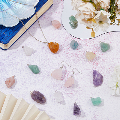 16Pcs Raw Rough Natural Fluorite & Green Aventurine & Green Fluorite & Rose Quartz & Amethyst & Ferruginous Quartz & Citrine & Quartz Crystal Pendants G-HS0001-08-1