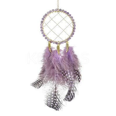 Natural Amethyst Woven Net/Web with Feather Wall Hanging Decoration HJEW-JM01222-01-1