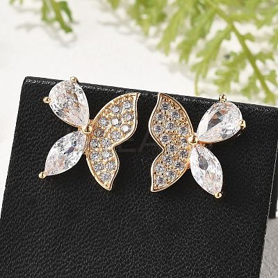 Butterfly Brass Micro Pave Clear Cubic Zirconia Stud Earrings for Women EJEW-G428-08G-1