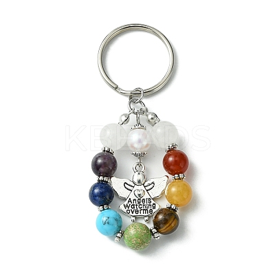 7 Chakra Gemstone Bead Pendant Keychain with Tibetan Style Alloy Charm KEYC-JKC00539-02-1