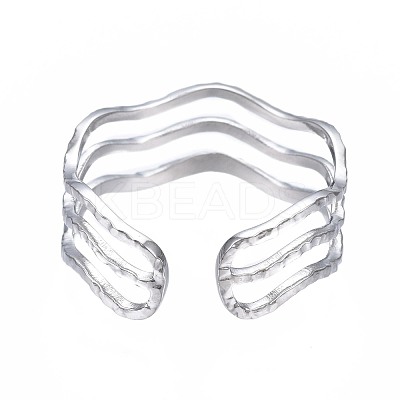 Non-Tarnish 304 Stainless Steel Triple Line Wave Open Cuff Ring RJEW-T023-02P-1
