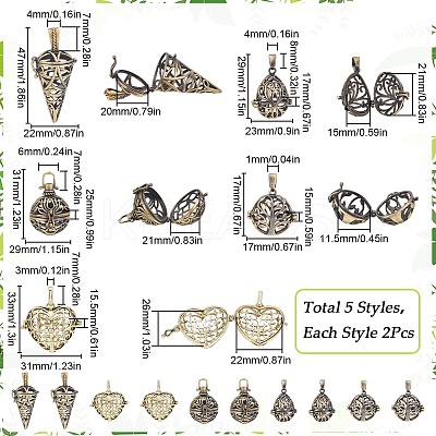 10Pcs 5 Styles Tibetan Style Brass Rack Plating Cage Pendants KK-SC0004-36-1