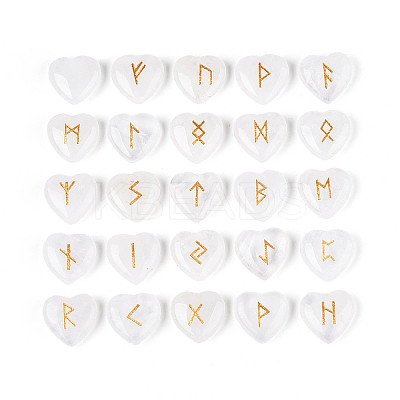 25Pcs Natural Quartz Crystal Heart Rune Stones with Elder Futhark Alphabet Engraved G-T144-02C-1
