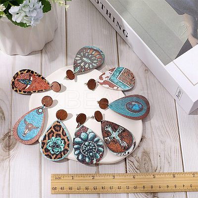 8 Pairs 8 Styles Teardrop PU Imitation Leather Dangle Stud Earring EJEW-SC0001-38-1