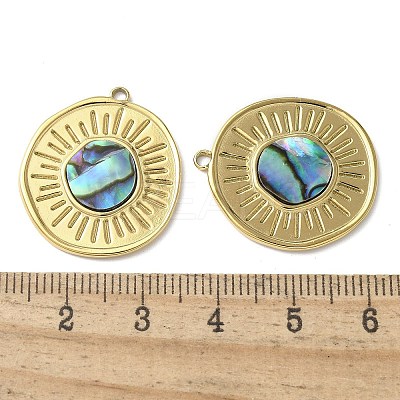Flat Round 304 Stainless Steel Natural Paua Shell/White Shell Pendants Ion Plating(IP) STAS-U037-10G-01-1