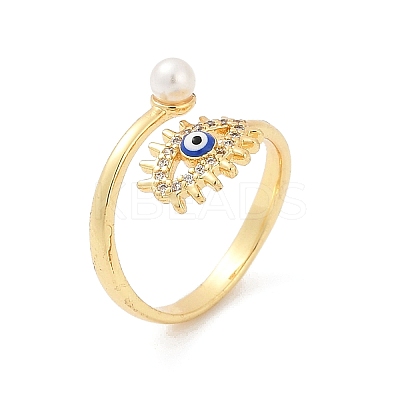 Evil Eye Brass Micro Pave Clear Cubic Zirconia Open Cuff Rings for Women. with ABS Plastic Imitation Pearl and Enamel RJEW-G343-20G-1