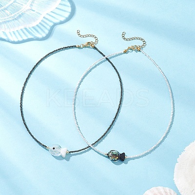 2Pcs 2 Colors Handmade Foil Lampwork Fish & Natural Rainbow Moonstone & Obsidian Faceted Round Beaded Necklaces for Women NJEW-JN05535-1