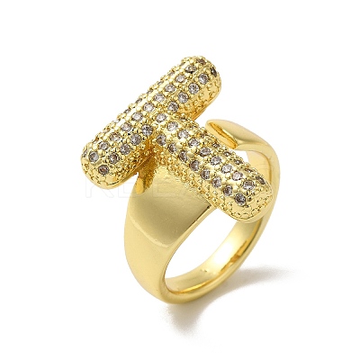 Letter Brass Micro Pave Clear Cubic Zirconia Open Cuff Ring for Women RJEW-N046-03T-G-1
