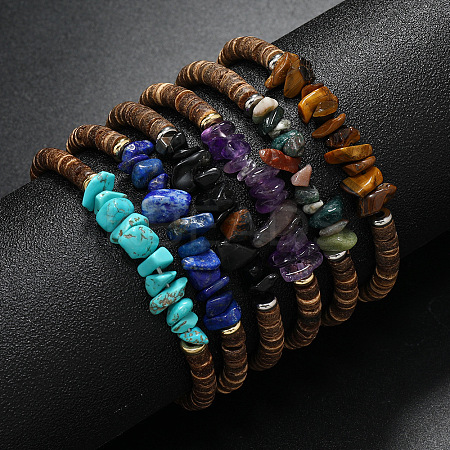 Natural & Synthetic Mixed Stones Chips & Coconut Disc Beaded Stretch Bracelet UM3945-7-1