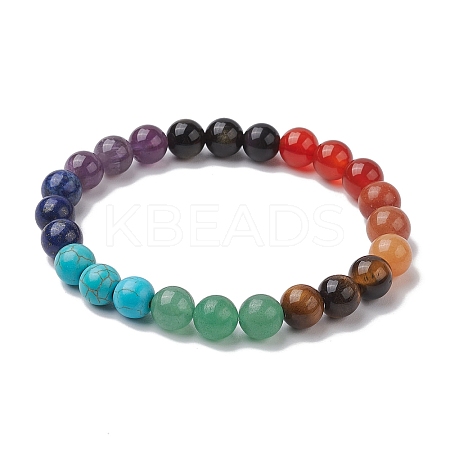 Chakra 8mm Round Natural Golden Sheen Obsidian & Amethyst & Lapis Lazuli & Tiger Eye & Green Aventurine & Carnelian & Red Aventurine BJEW-JB10624-02-1