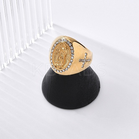 Oval with Saint 304 Stainless Steel Rhinestone Finger Ring for Unisex RJEW-Z076-05G-02-1