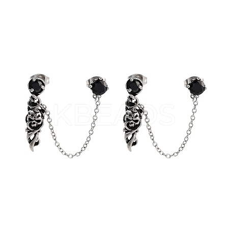 Halloween Skull 316 Surgical Stainless Steel Pave Black Cubic Zirconia Dangle Chains Stud Earrings EJEW-Z050-59AS-1