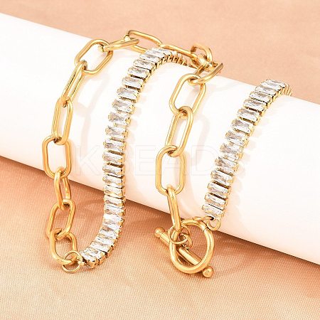 304 Stainless Steel Pave Clear Cubic Zirconia Tennis Chain Paperclip Chain Necklaces with OT Clasps NJEW-D326-02G-1