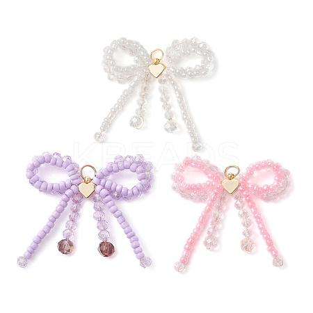 3Pcs Glass Seed Beaded Bowknot with Heart Pendants PALLOY-MZ01162-1