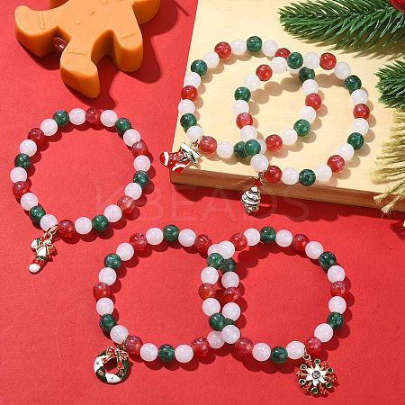 5Pcs 5 Styles Red White Green Round Resin Beaded Stretch Bracelets BJEW-JB09525-S-1