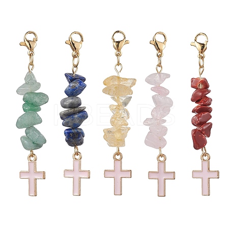5Pcs 5 Style Natural Mixed Gemstone Chips & Alloy Enamel Cross Pendant Decorations HJEW-JM01793-S-1
