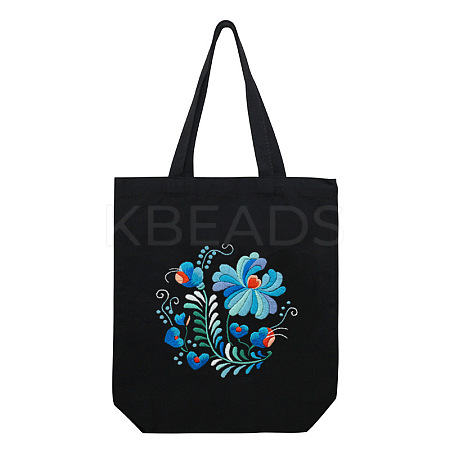 DIY Flower Pattern Black Canvas Tote Bag Embroidery Kit PW23041860686-1