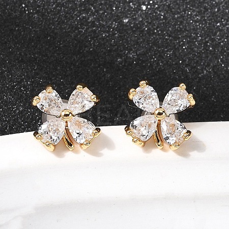 Flower Brass Micro Pave Clear Cubic Zirconia Stud Earrings EJEW-P331-10G-1