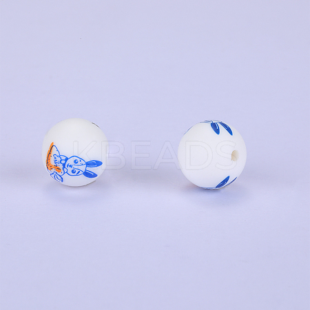 Printed Round with Rabbit Pattern Silicone Focal Beads LS-SI-JX0056A-151-1