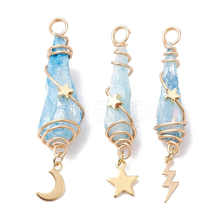 3Pcs 3 Styles Electroplated Natural Quartz Crystal Copper Wire Wrapped Pendants PALLOY-JF02586-02-1