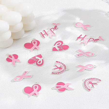 14Pcs 7 Styles Breast Cancer Pink Awareness Ribbon Theme Alloy Enamel Pendants ENAM-LP0002-39-1