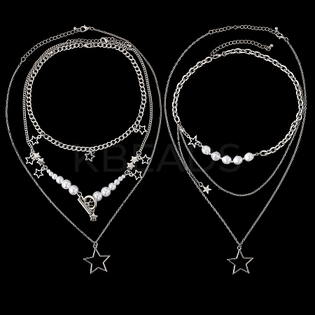 2 Sets 2 Styles Zinc Alloy Star Pendant Layered Necklaces for Women NJEW-SC0001-52-1