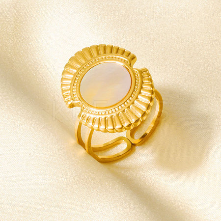 304 Stainless Steel with Natural Shell Cuff Open Rings for Women FC7399-3-1