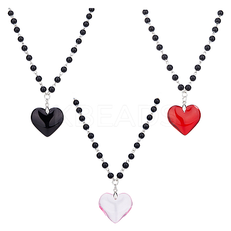 FIBLOOM 3Pcs 3 Colors Glass Heart Pendant Necklaces Set with Plastic Beaded Chains NJEW-FI0001-40-1