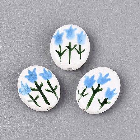 Hand Painted Tulip Flower Oval Porcelain Beads PORC-N012-11G-1