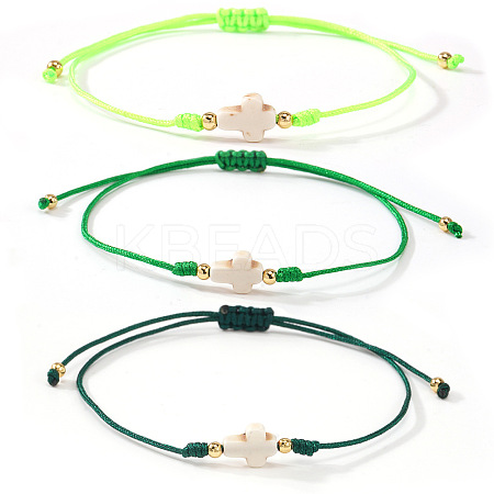 3Pcs Dyed Synthetic White Turquoise & Brass Beaded Braided Bead Bracelets QB7029-15-1