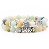 2Pcs 2 Style Natural Amazonite Stretch Bracelets Set with Alloy Buddha Head MATO-PW0001-074Q-1