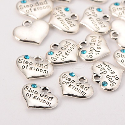Wedding Theme Antique Silver Tone Tibetan Style Alloy Heart with Step Dad of Groom Rhinestone Charms TIBEP-N005-23A-1