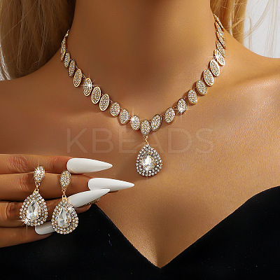 Teardrop Brass Rhinestone Pendant Necklace & Stud Dangle Earrings Sets for Women FS-WG71281-02-1