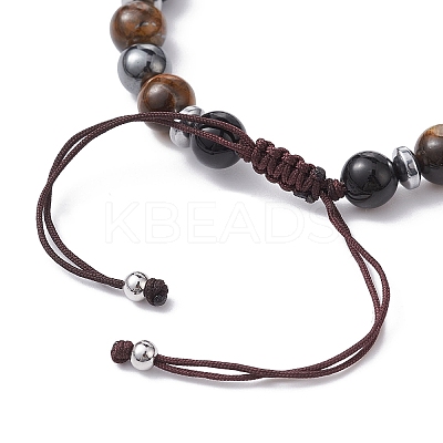 Natural Tiger Eye & Obsidian Round & Brass Cross Braided Bead Bracelets BJEW-JB09704-01-1