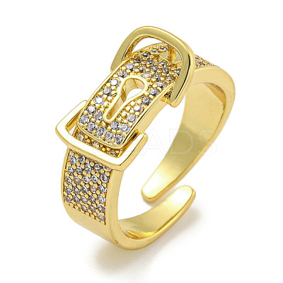 Rack Plating Brass Micro Pave Cubic Zirconia Belt Shape Open Cuff Rings for Women RJEW-F162-10G-1