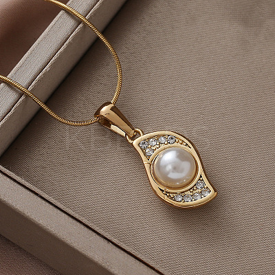 Minimalist 304 Stainless Steel Crystal Rhinestone Pendant Necklaces with Imitation Pearl CU2461-1