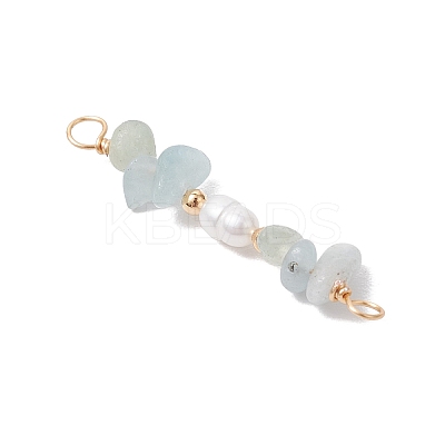 Natural Aquamarine Chip & Natural Cultured Freshwater Pearl Rice Beaded Connector Charms PALLOY-JF03707-08-1