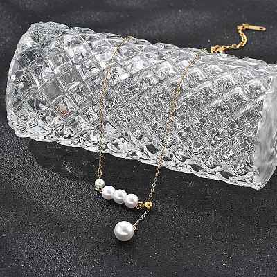Ion Plating(IP) 304 Stainless Steel & White Plastic Pearl Round Pendant Lariat Necklaces for Women NJEW-P320-18G-1