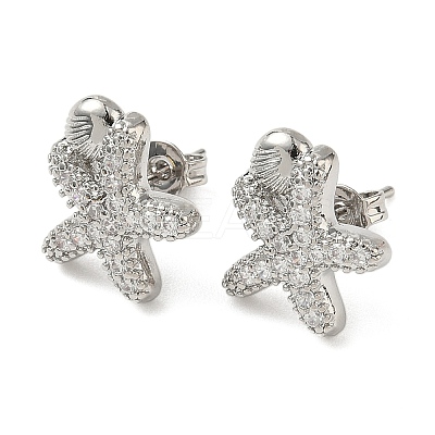 Brass Micro Pave Clear Cubic Zirconia Stud Earrings EJEW-A145-03C-P-1