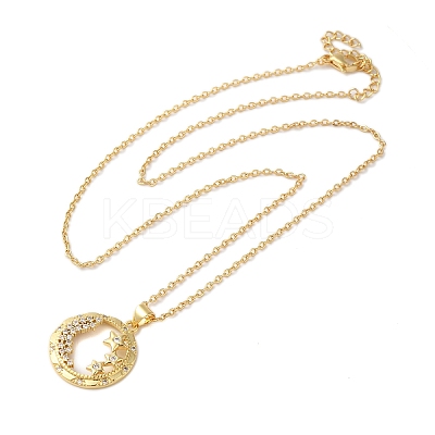 Brass Pave Cubic Zirconia Flat Round with Star Pendant Necklaces for Women NJEW-S429-02G-02-1