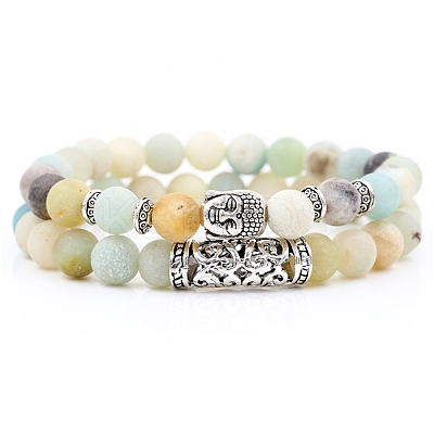 2Pcs 2 Style Natural Amazonite Stretch Bracelets Set with Alloy Buddha Head MATO-PW0001-074Q-1
