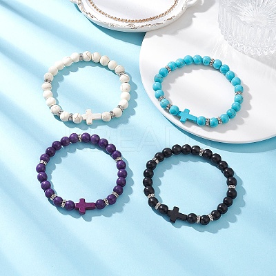 4Pcs 4 Colors Synthetic Turquoise Beaded Stretch Bracelets for Women BJEW-JB12288-1